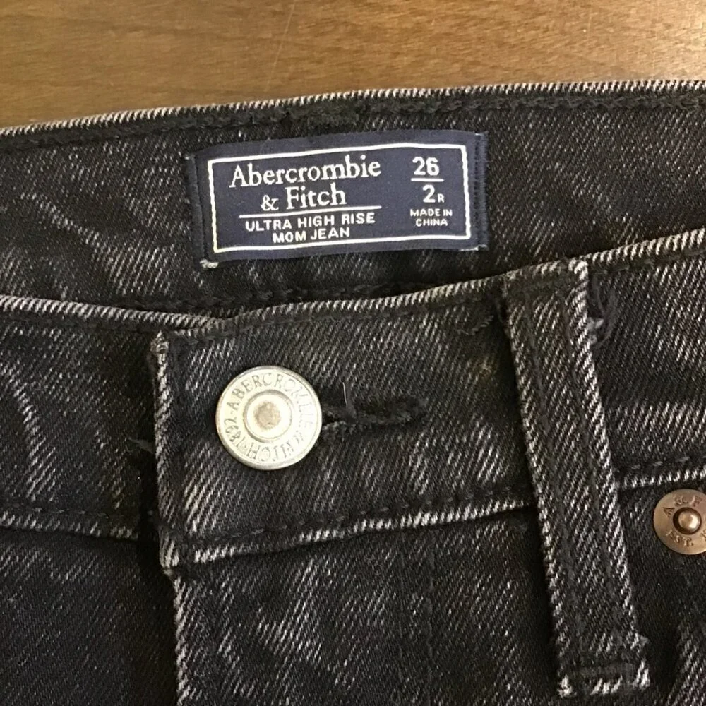 Abercrombie 2 (26) Ultra High Rise Mom Womens Jeans Black Distressed Frayed Hems